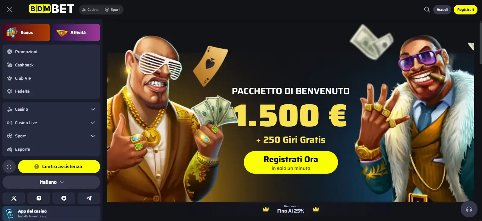 Pagina principale italiana di BDMbet con menu e sezioni principali del sito